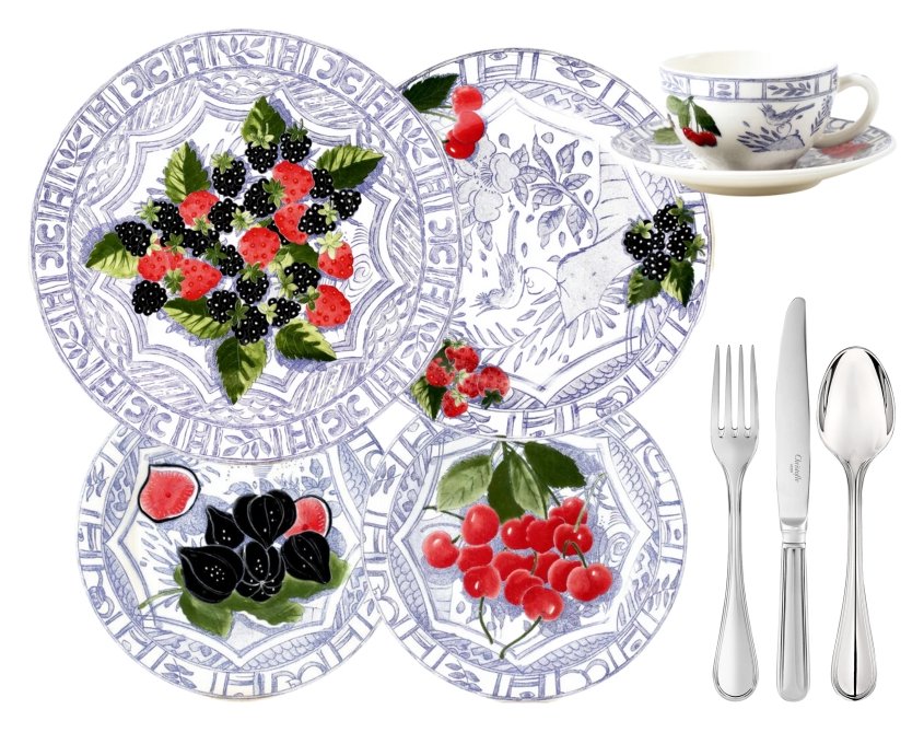 Gien Oiseau Bleu Fruits dinnerware collection