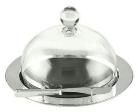 Schiavon, Essentia table accessories, silver plated, Round cheese tray with glass bell cover and knife