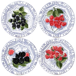 Gien, Oiseau Bleu Fruits, Dessert plates assorted, set of 4