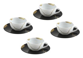 Bernardaud, Kintsugi, Charbon set of 4 coffee cups and saucers