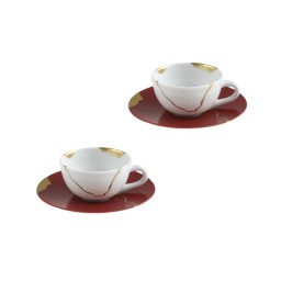 Bernardaud, Kintsugi, Rouge Empereur set of 2 coffee cups and saucers
