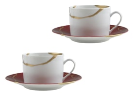 Bernardaud, Kintsugi, Rouge Empereur set of 2 tea cups and saucers