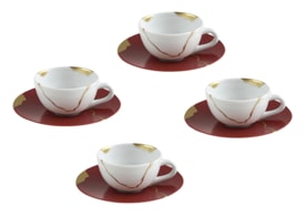 Bernardaud, Kintsugi, Rouge Empereur set of 4 coffee cups and saucers