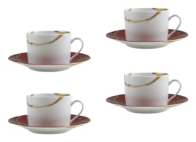 Bernardaud, Kintsugi, Rouge Empereur set of 4 tea cups and saucers
