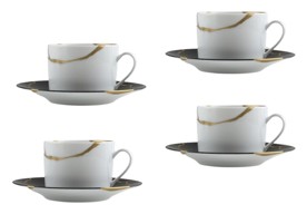 Bernardaud, Kintsugi, Charbon set of 4 tea cups and saucers