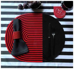 Von Gern Home, Stripe placemats and coasters, Stripes & solids placemat, red &part black stripes