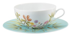 Raynaud, Paradis, Tea cup white background and saucer turquoise background