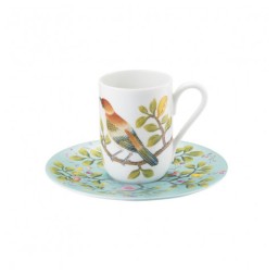 Raynaud, Paradis, Expresso cup white background and saucer turquoise background