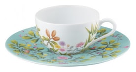 Raynaud, Paradis, Moka cup white background and saucer turquoise background