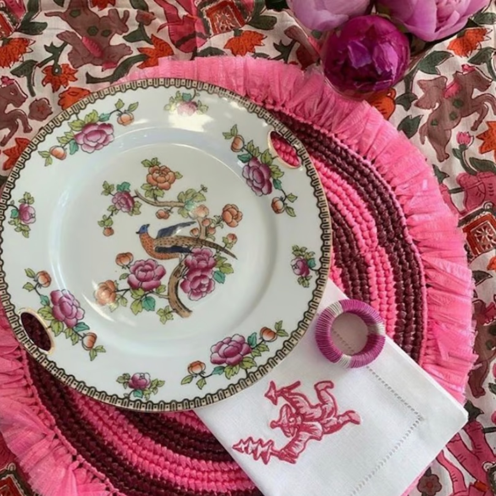 Von Gern Home, Woven placemats and coasters, Fringe placemat, pink & maroon