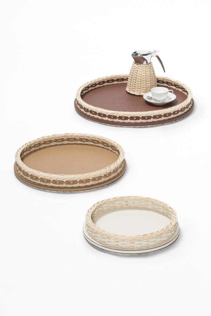 Pigment France, Orsay leather & rattan trays, Round tray, large