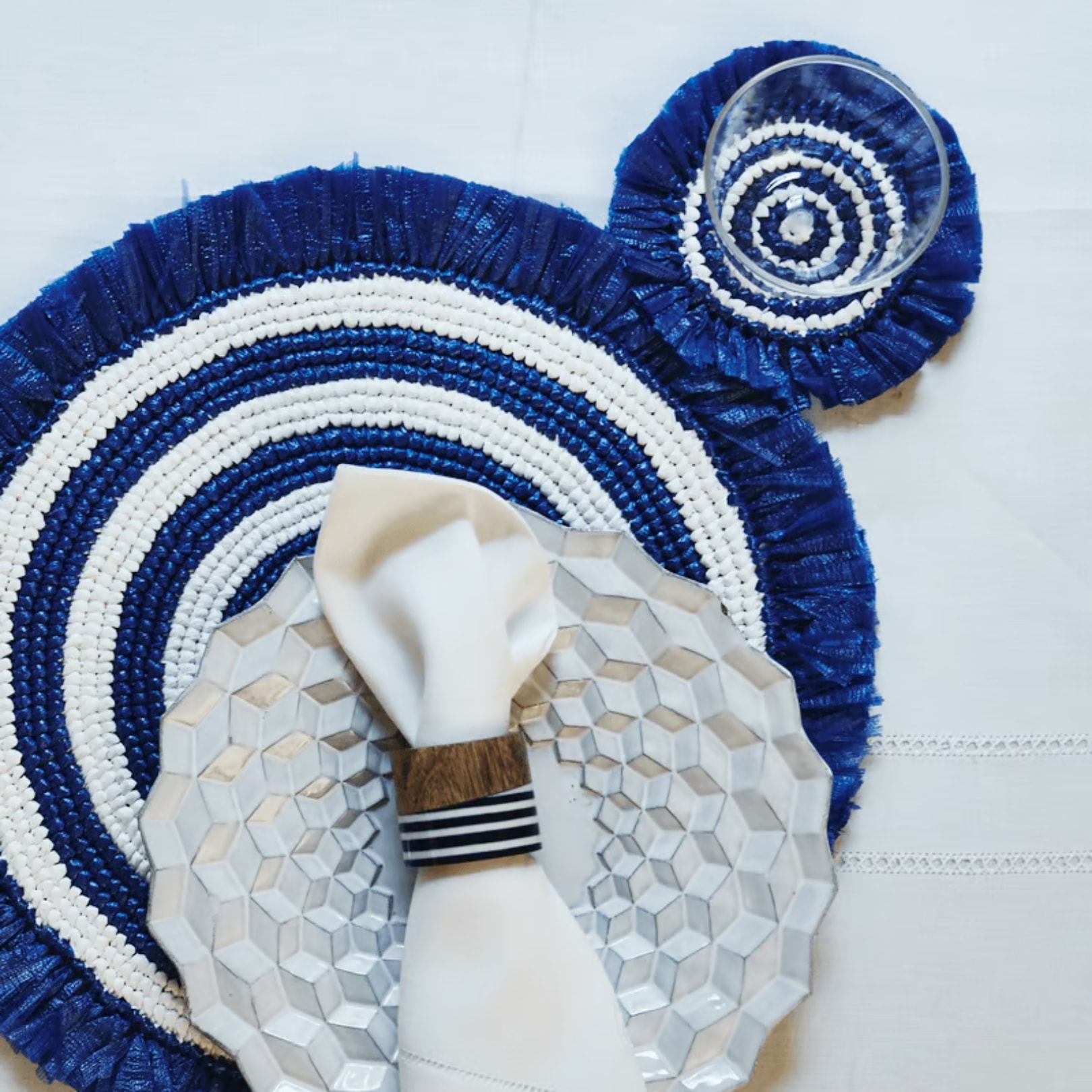 Von Gern Home, Woven, Fringe placemat, navy & white