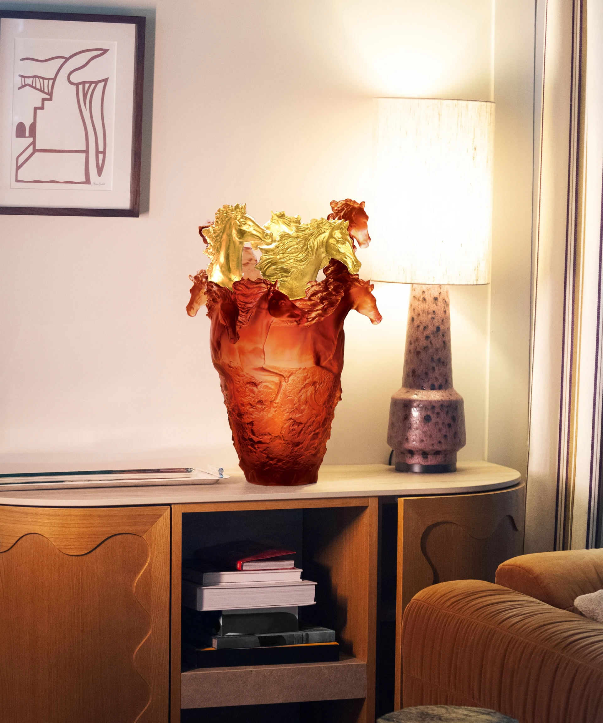 Daum, Cavalcade, Amber and gold finish magnum vase