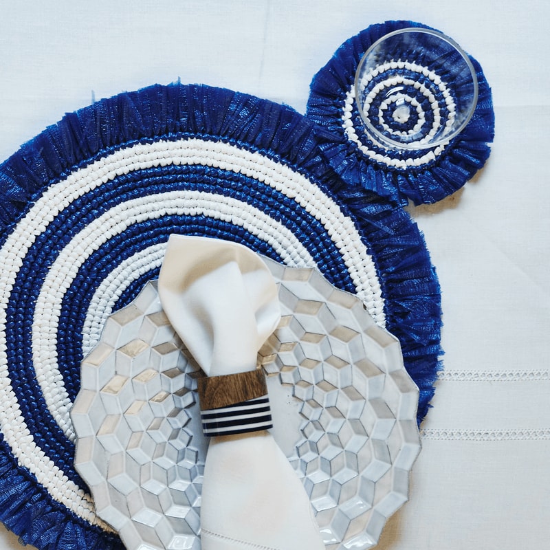 Von Gern Home, Woven, Fringe placemat, blue & white