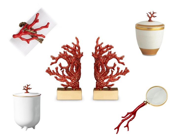 L'Objet Coral collection: Coral Bookends, Coral Candles, Coral Magnifying Glass, Coral napkin rings