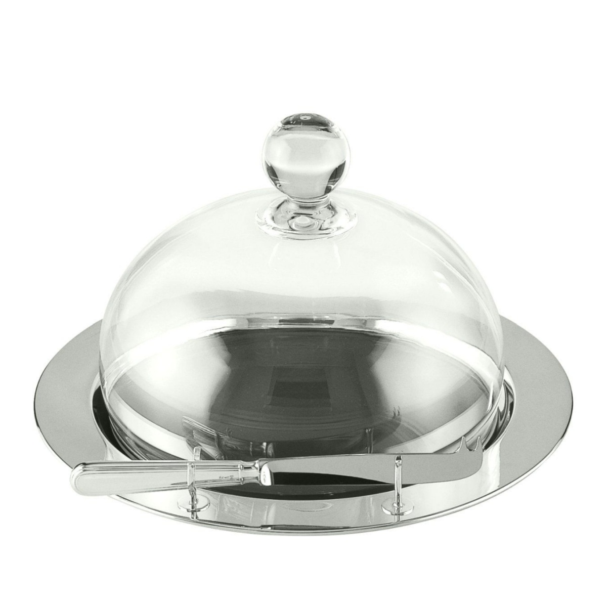 Schiavon, Essentia table accessories, silver plated, Round cheese tray with glass bell cover and knife