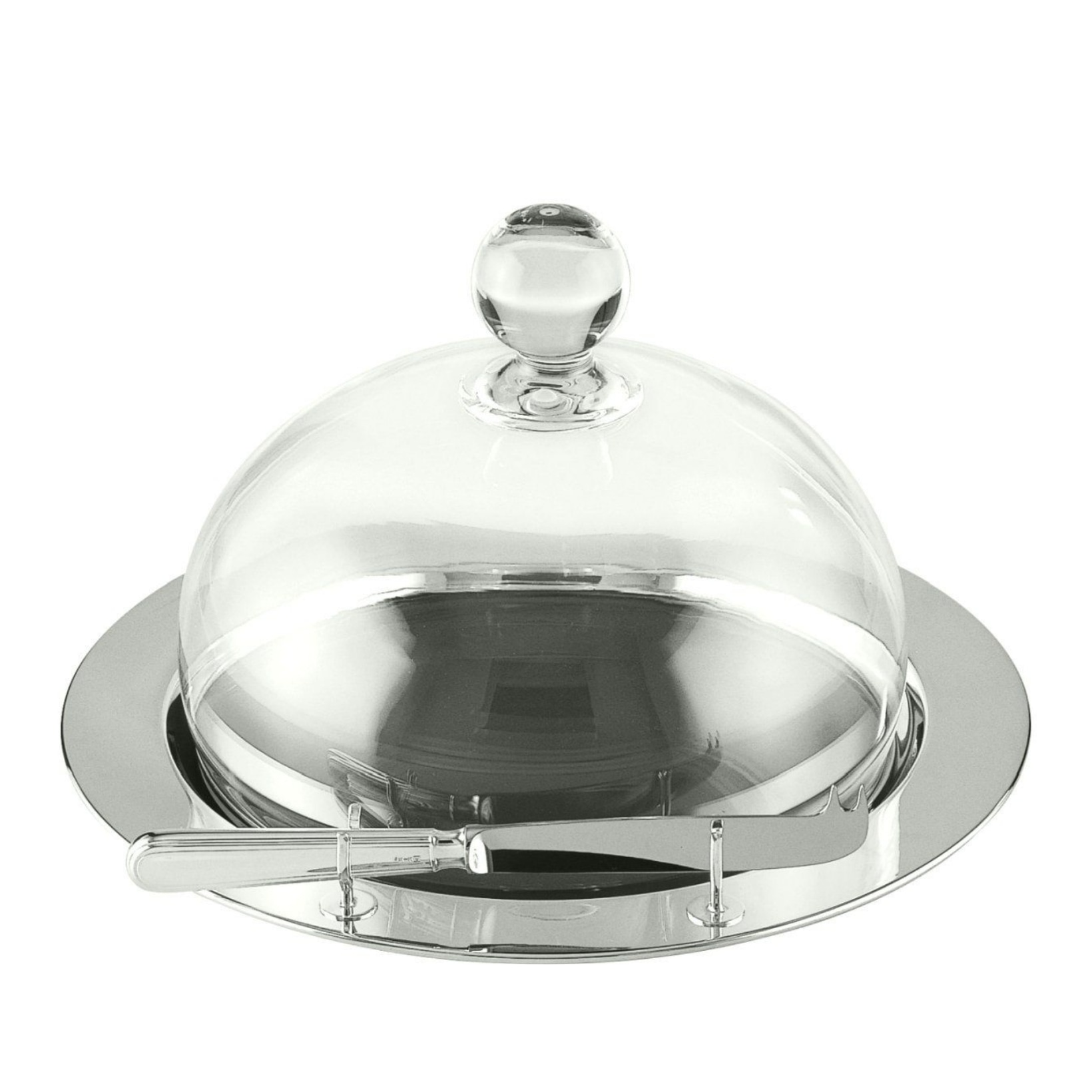 Schiavon, Essentia table accessories, silver plated, Round cheese tray with glass bell cover and knife