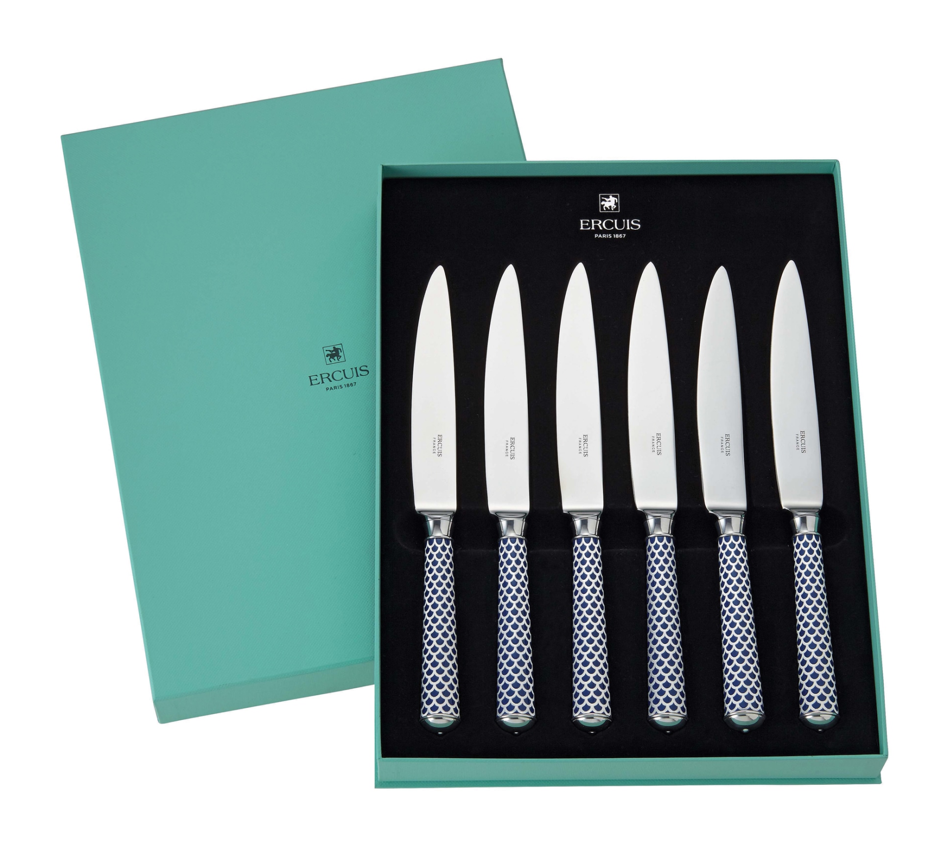 Ercuis, Arts decoratifs coupole navy blue, Coupole - 6 dinner knifes set in a giftbox
