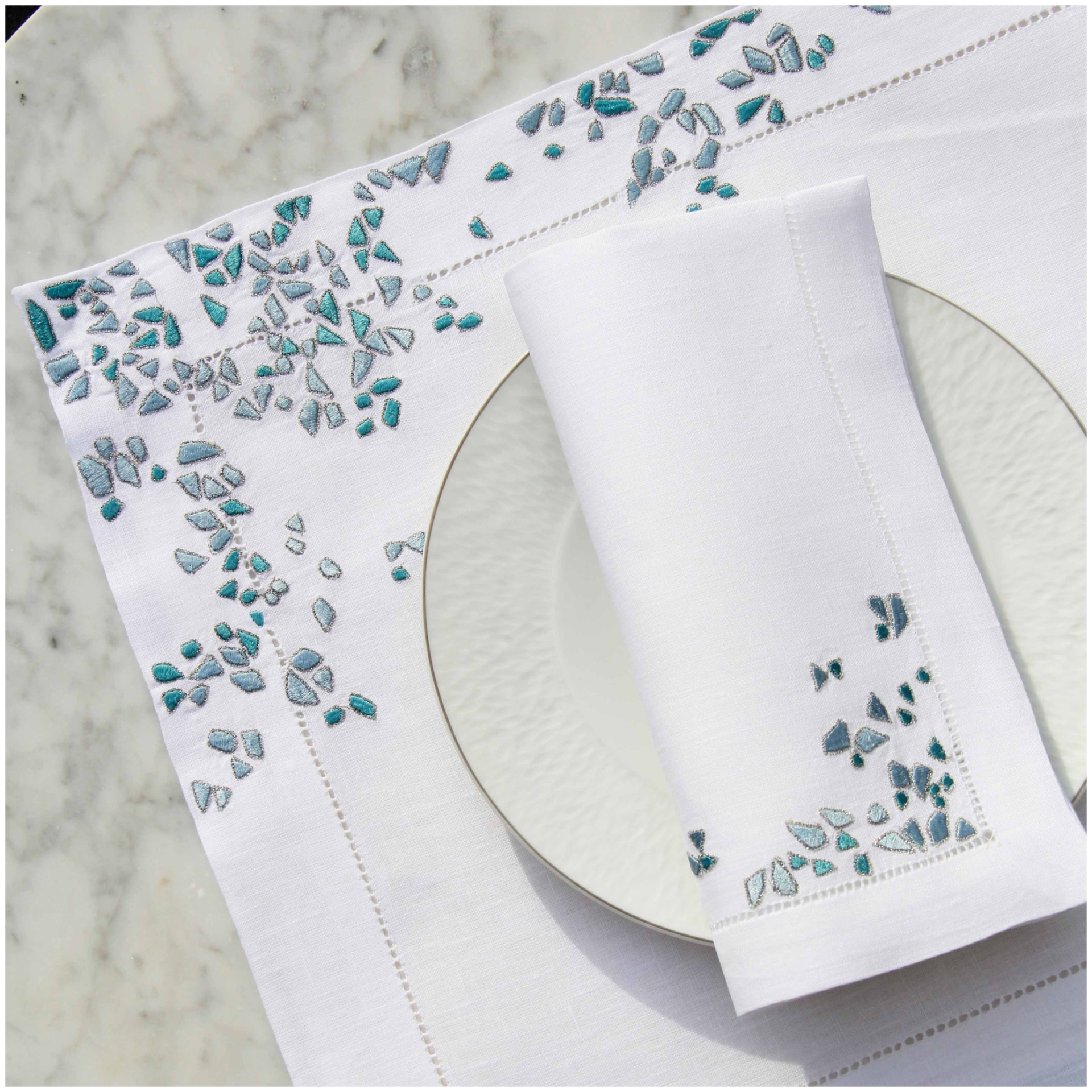 Valombreuse, Fragments table linen, Placemat and napkin set, blue