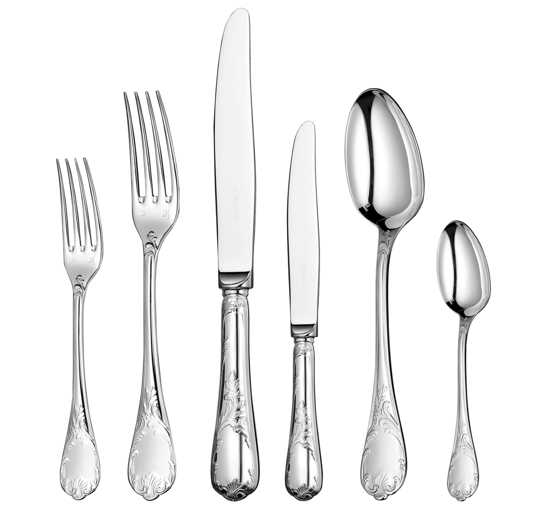 Christofle, Marly, silver plated, Flatware set for 12 people (110 pieces) with chest