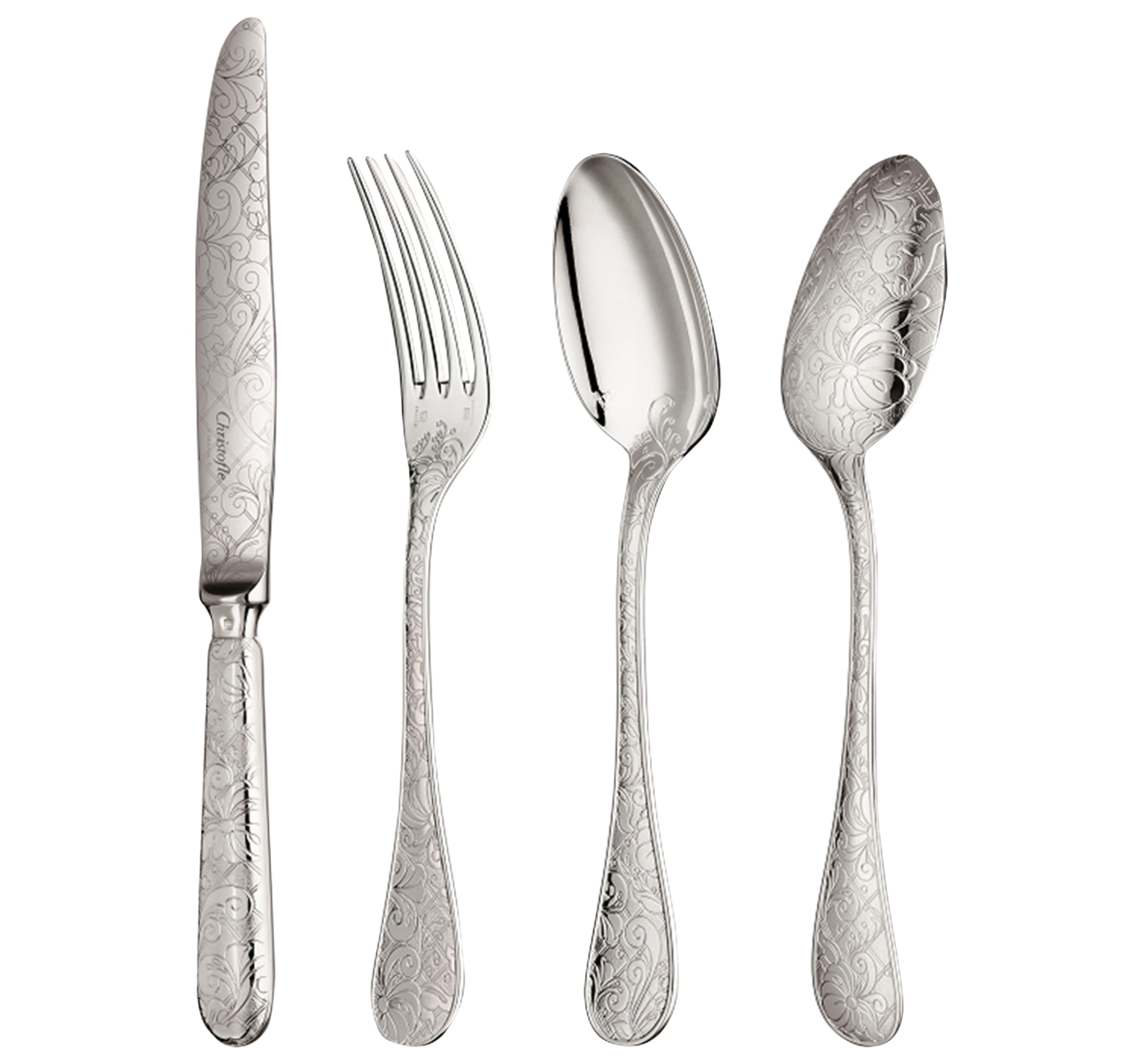 Christofle, Jardin d'Eden, silver plated, Flatware set for 12 people (110 pieces) with chest