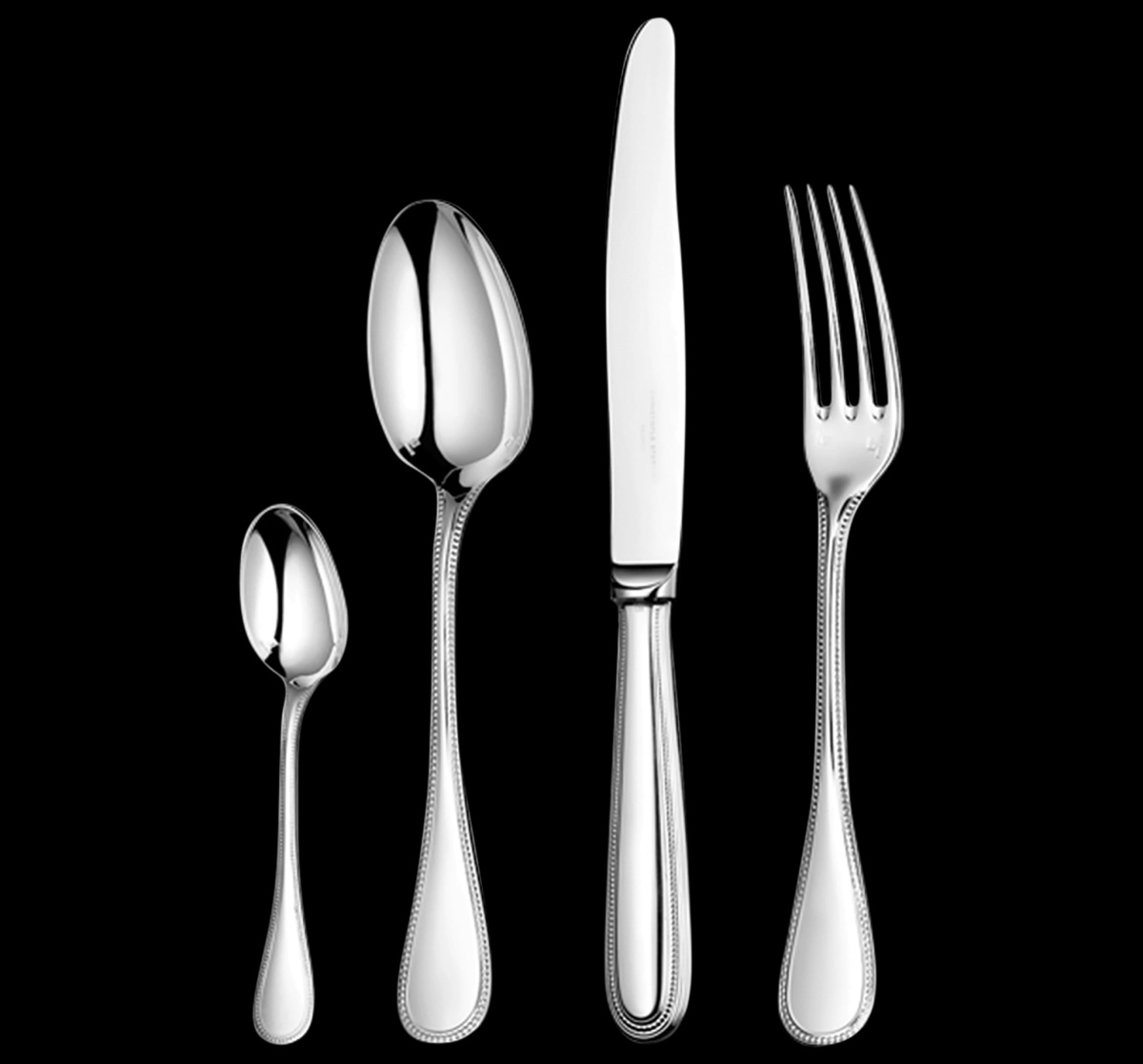 Christofle, Perles cutlery, silver plated, Flatware set for 12 people (75 pieces) with chest