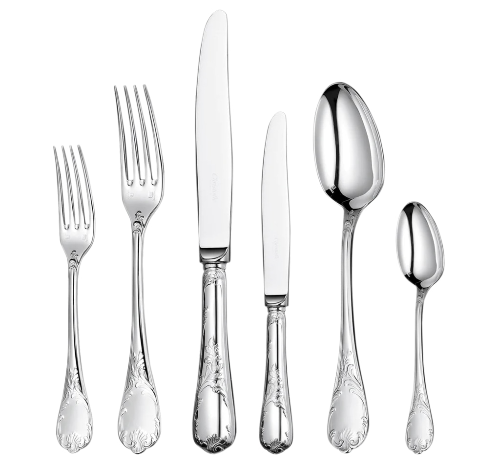 Christofle, Malmaison cutlery, silver plated, Flatware set for 12 people (75 pieces) with chest