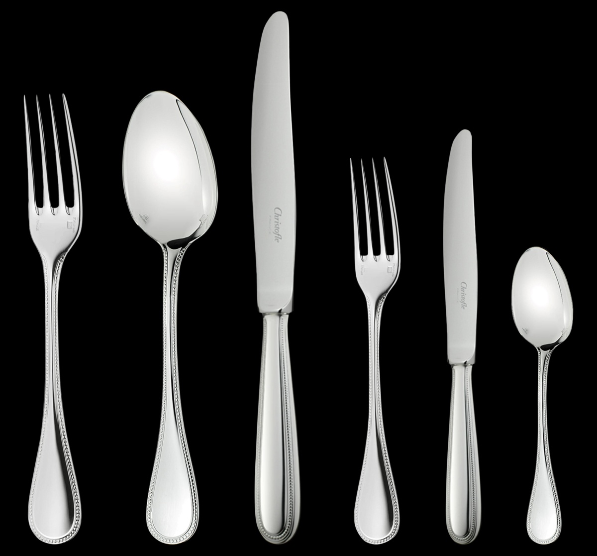 Christofle, Perles cutlery, silver plated, Flatware set for 6 people (36 pieces) with chest