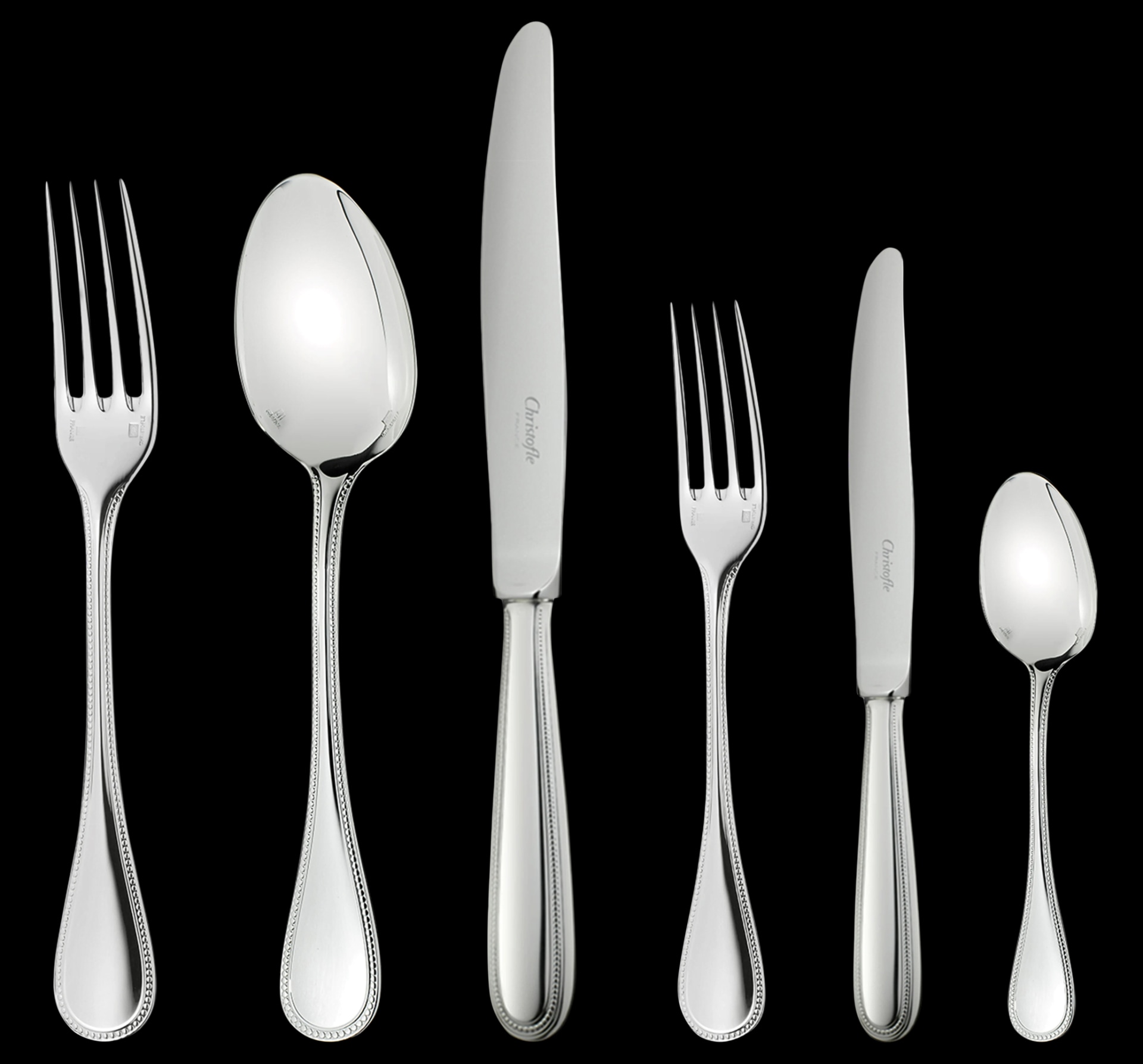 Christofle, Perles cutlery, silver plated, Flatware set for 6 people (36 pieces) with chest