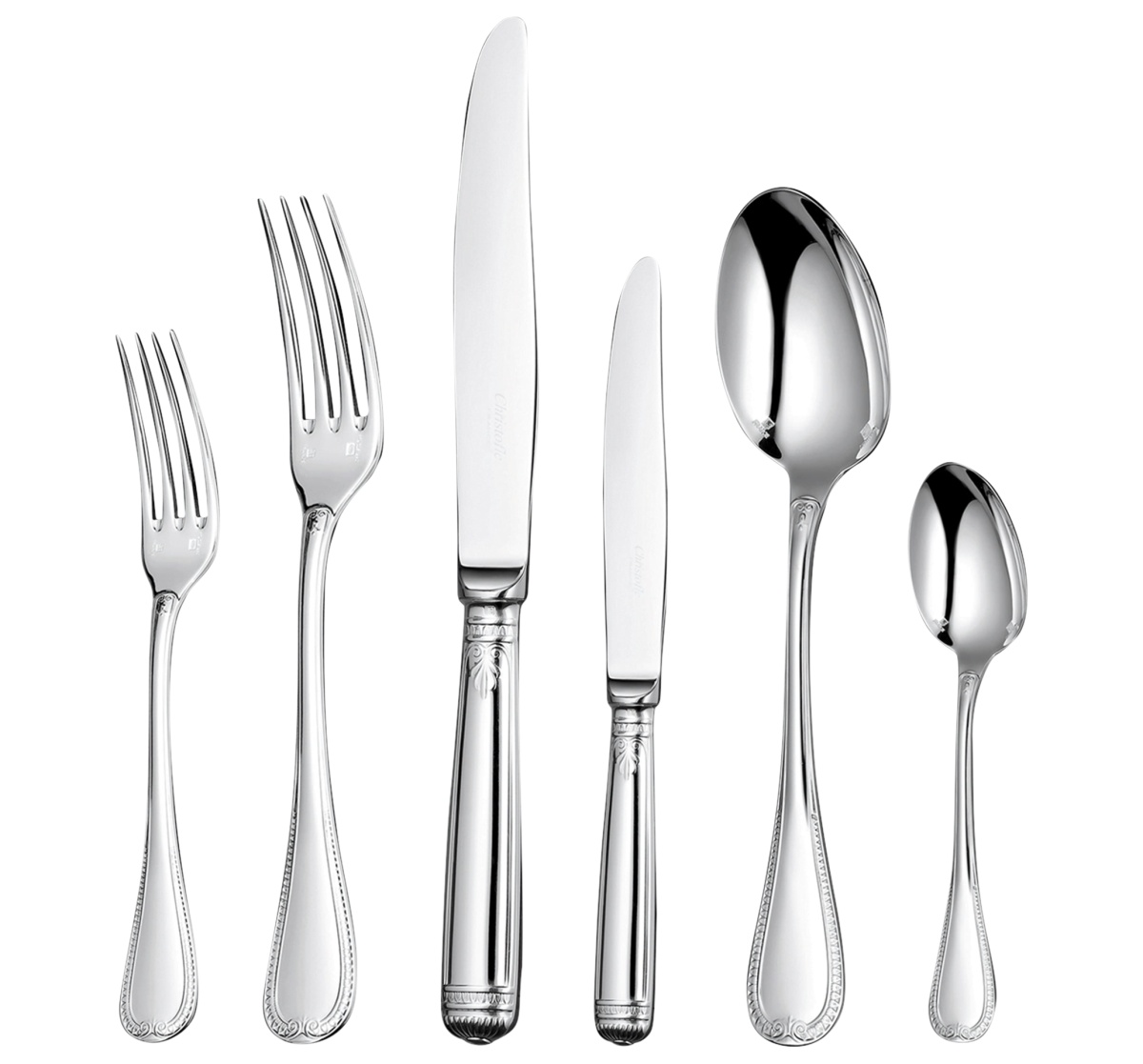 Christofle, Malmaison cutlery, silver plated, Flatware set for 6 people (36 pieces) with chest