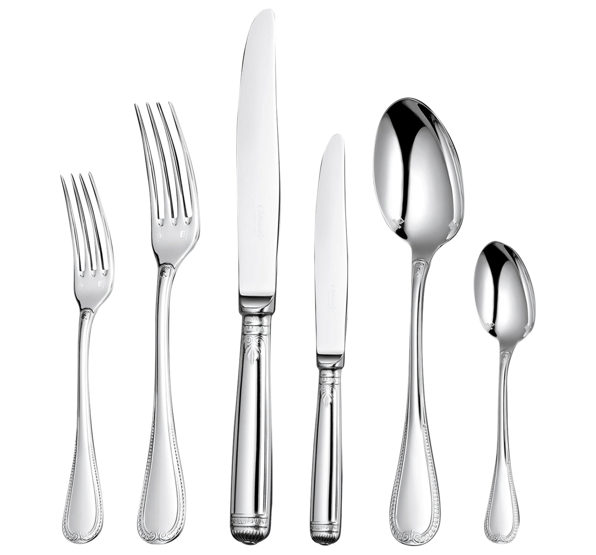 Christofle, Malmaison cutlery, silver plated, Flatware set for 6 people (36 pieces) with chest