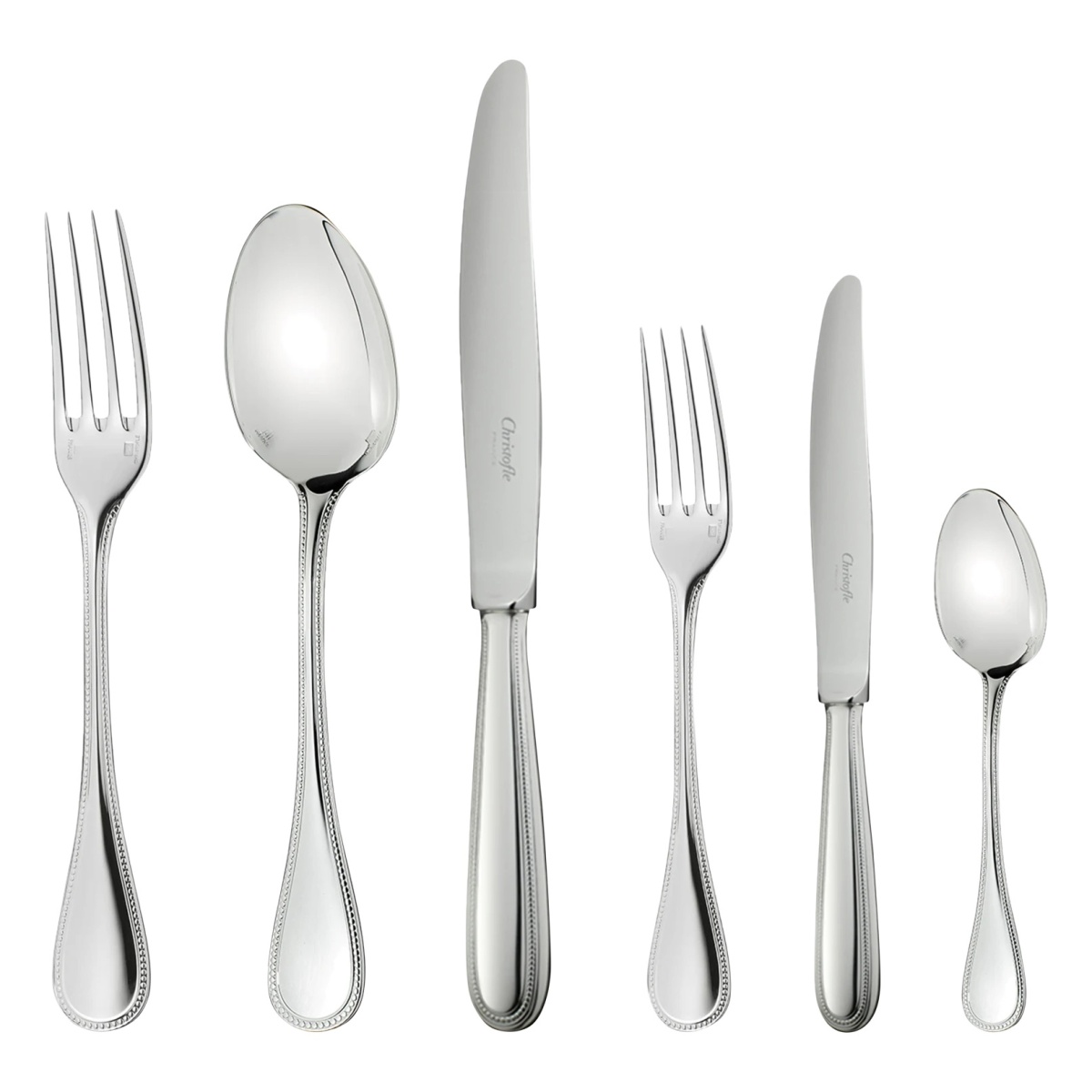 Christofle, Perles cutlery, silver plated, Flatware set for 12 people (110 pieces) with chest