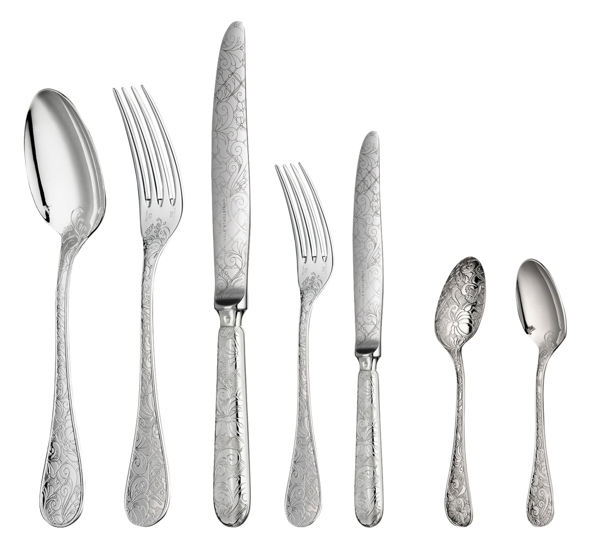 Christofle, Jardin d'Eden, silver plated, Flatware set for 6 people (36 pieces) with chest