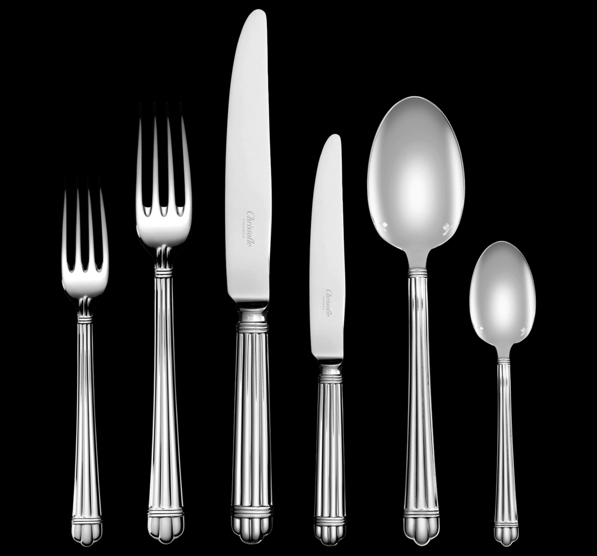 Christofle, Aria cutlery, sterling silver, Flatware set for 6 people (36 pieces) with chest