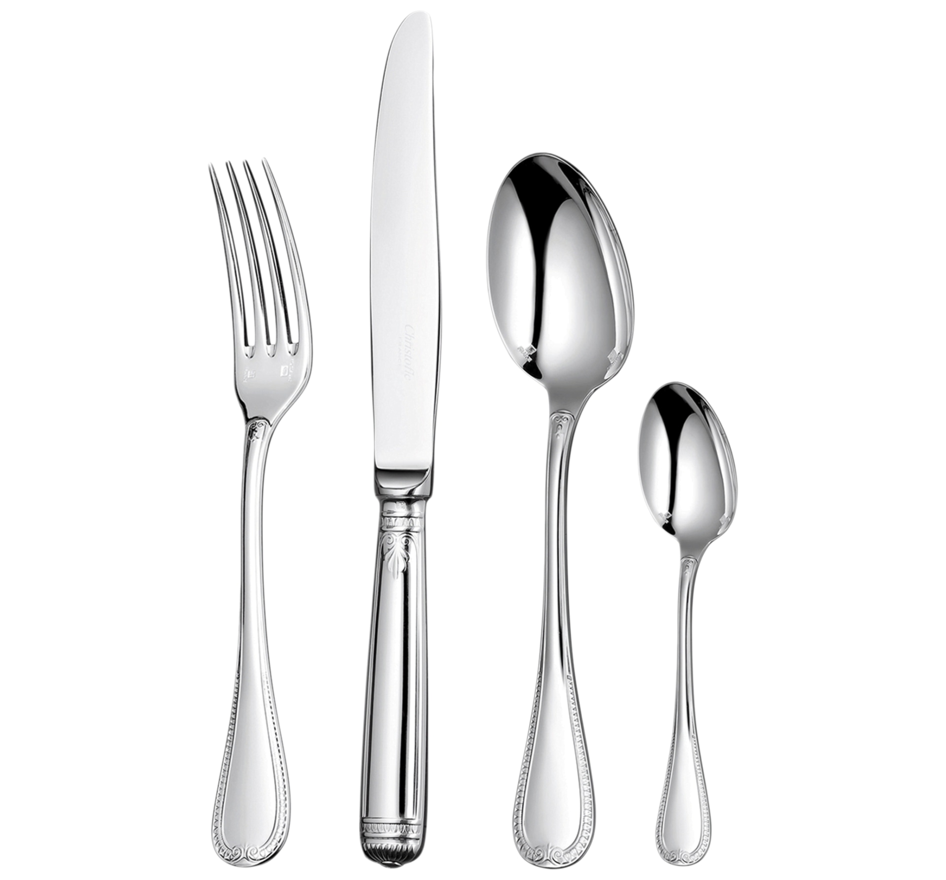 Christofle, Malmaison cutlery, silver plated, Flatware set for 6 people (24 pieces) with chest