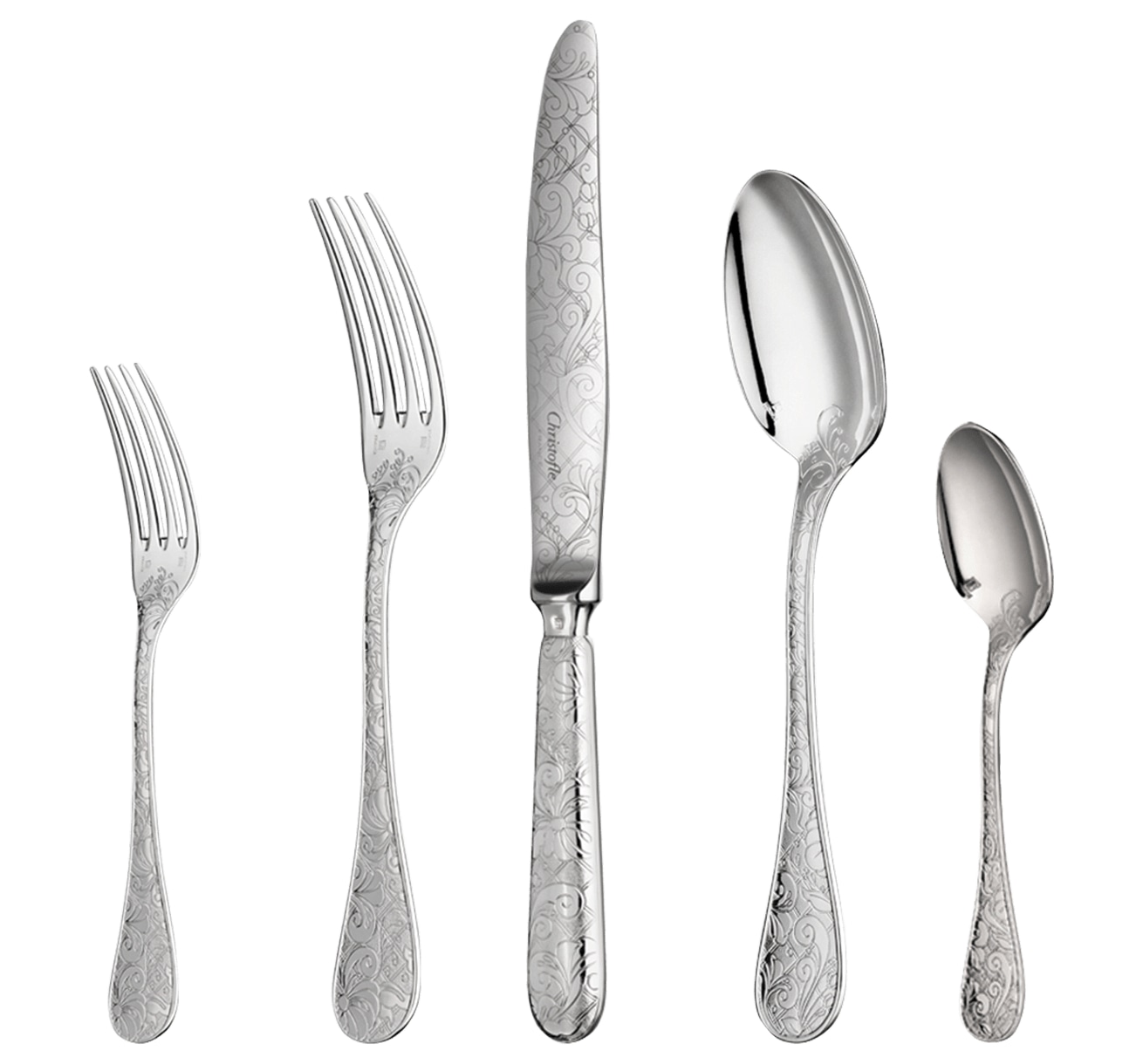 Christofle, Jardin d'Eden, silver plated, Flatware set for 6 people (24 pieces) with chest