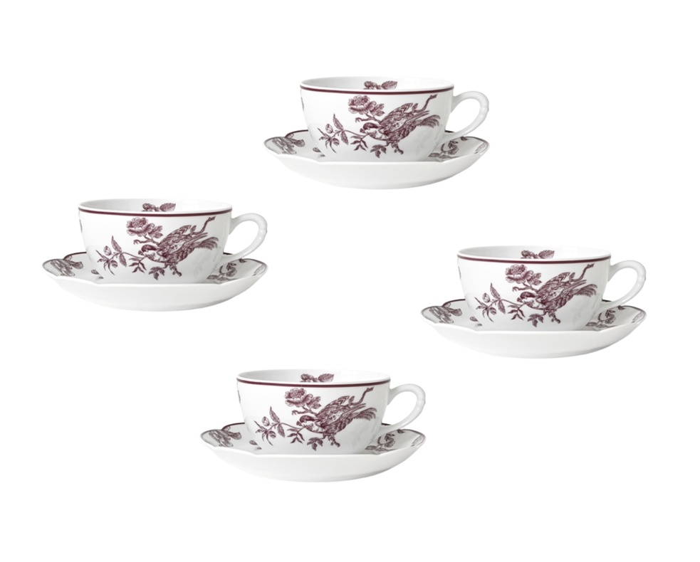 Bernardaud, Albertine prune, Set of 4 tea cups and saucers