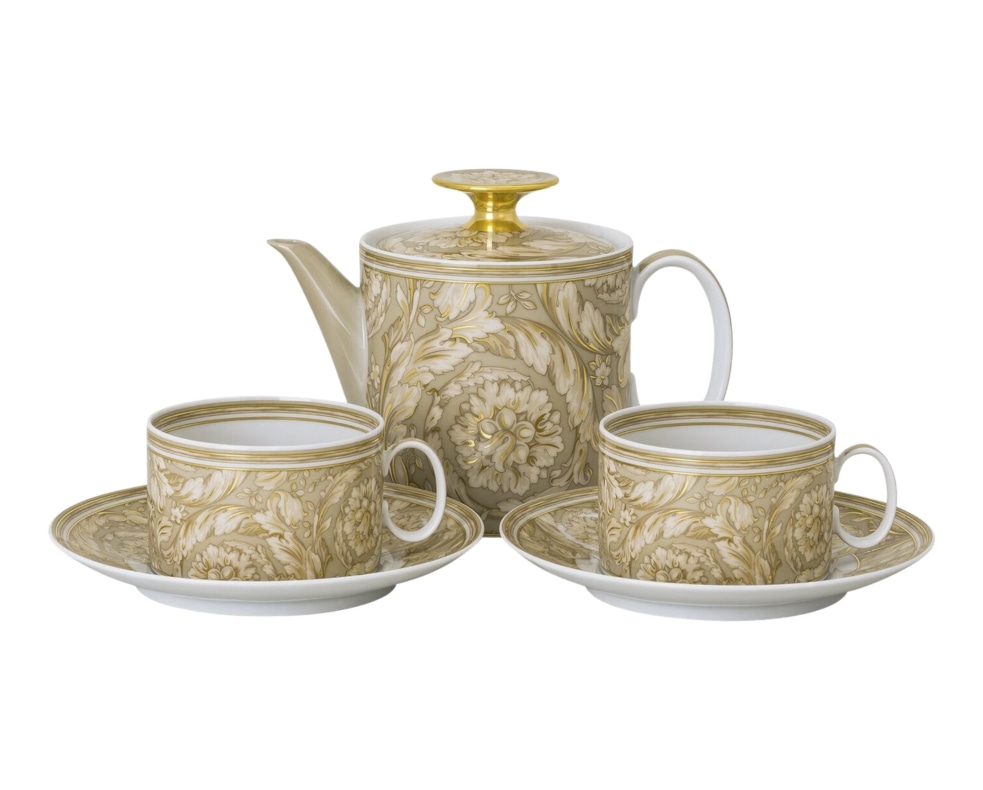 Versace, Barocco Beige, Teapot set with 2 tea cups and saucers