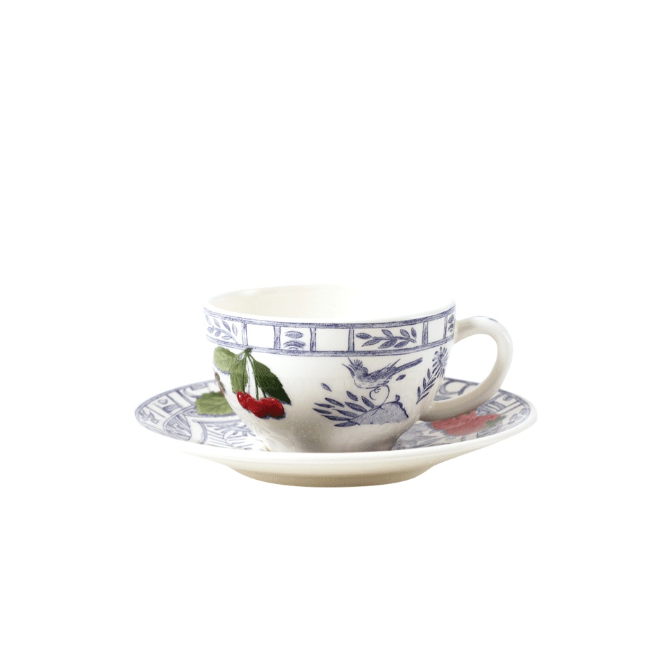 Gien, Oiseau Bleu Fruits, Tea cup & saucer, set of 2