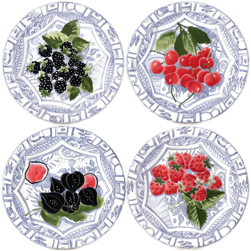 Gien, Oiseau Bleu Fruits, Dessert plates assorted, set of 4