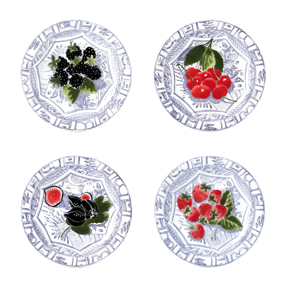 Gien, Oiseau Bleu Fruits, Сanape plates assorted, set of 4