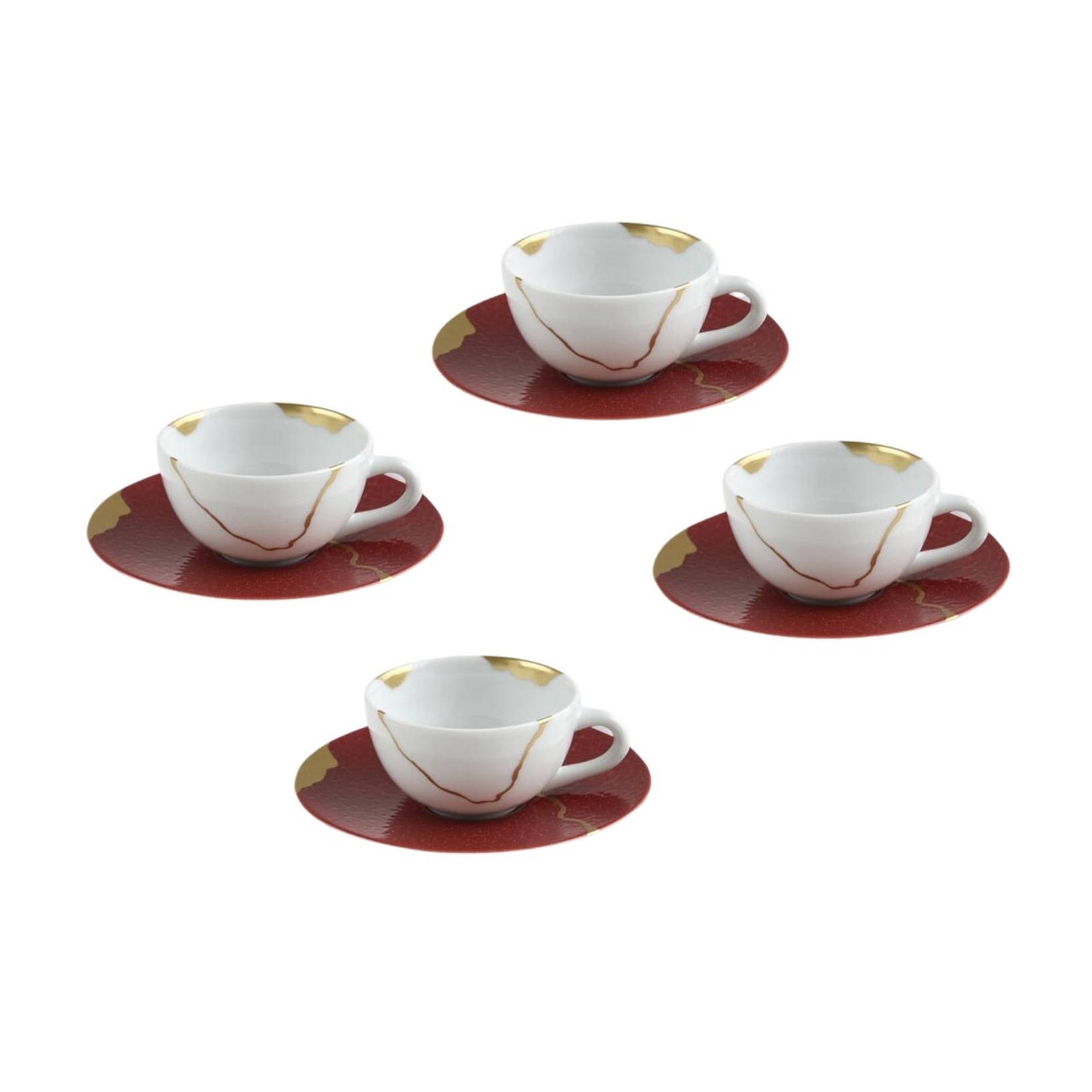 Bernardaud, Kintsugi, Rouge Empereur set of 4 coffee cups and saucers