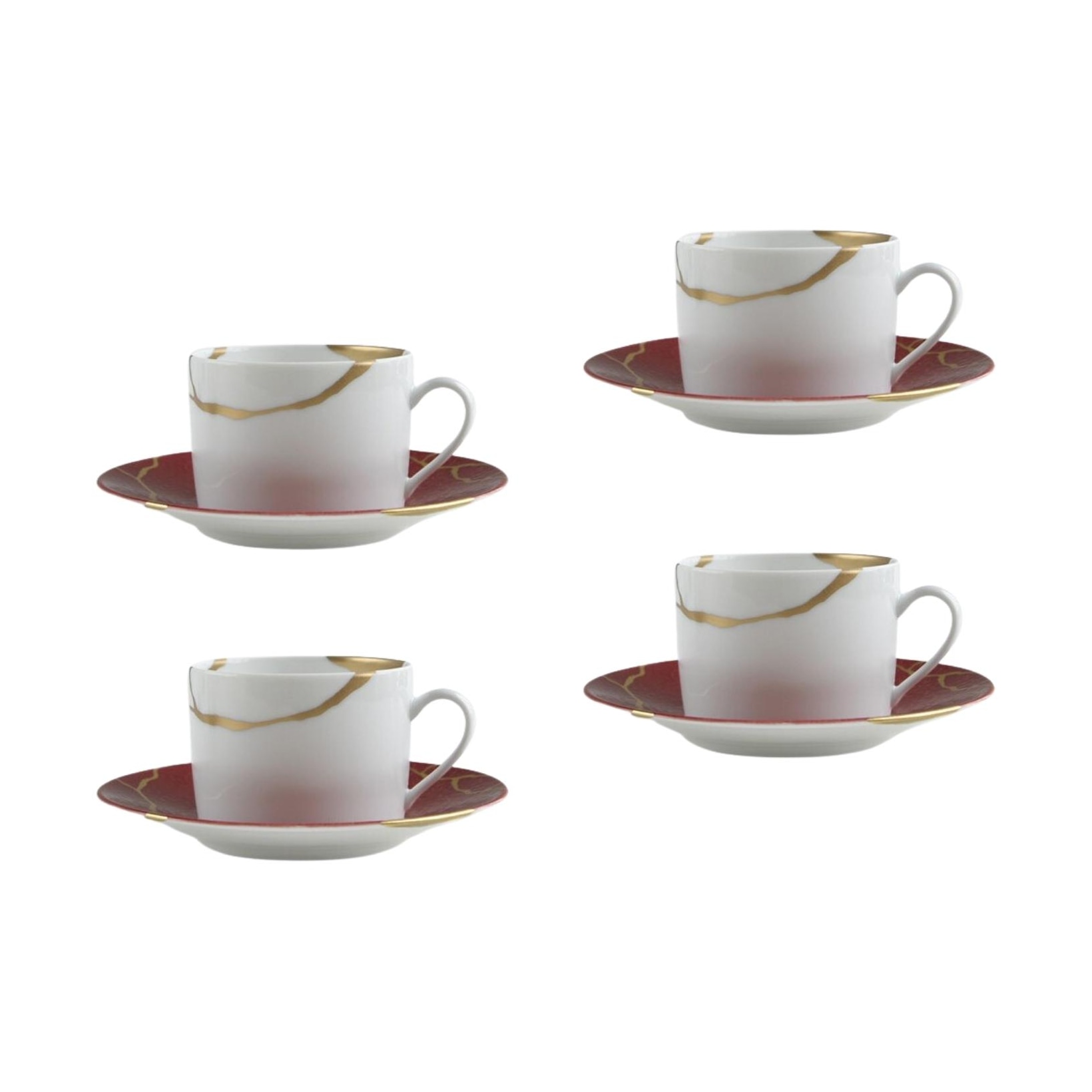 Bernardaud, Kintsugi, Rouge Empereur set of 4 tea cups and saucers