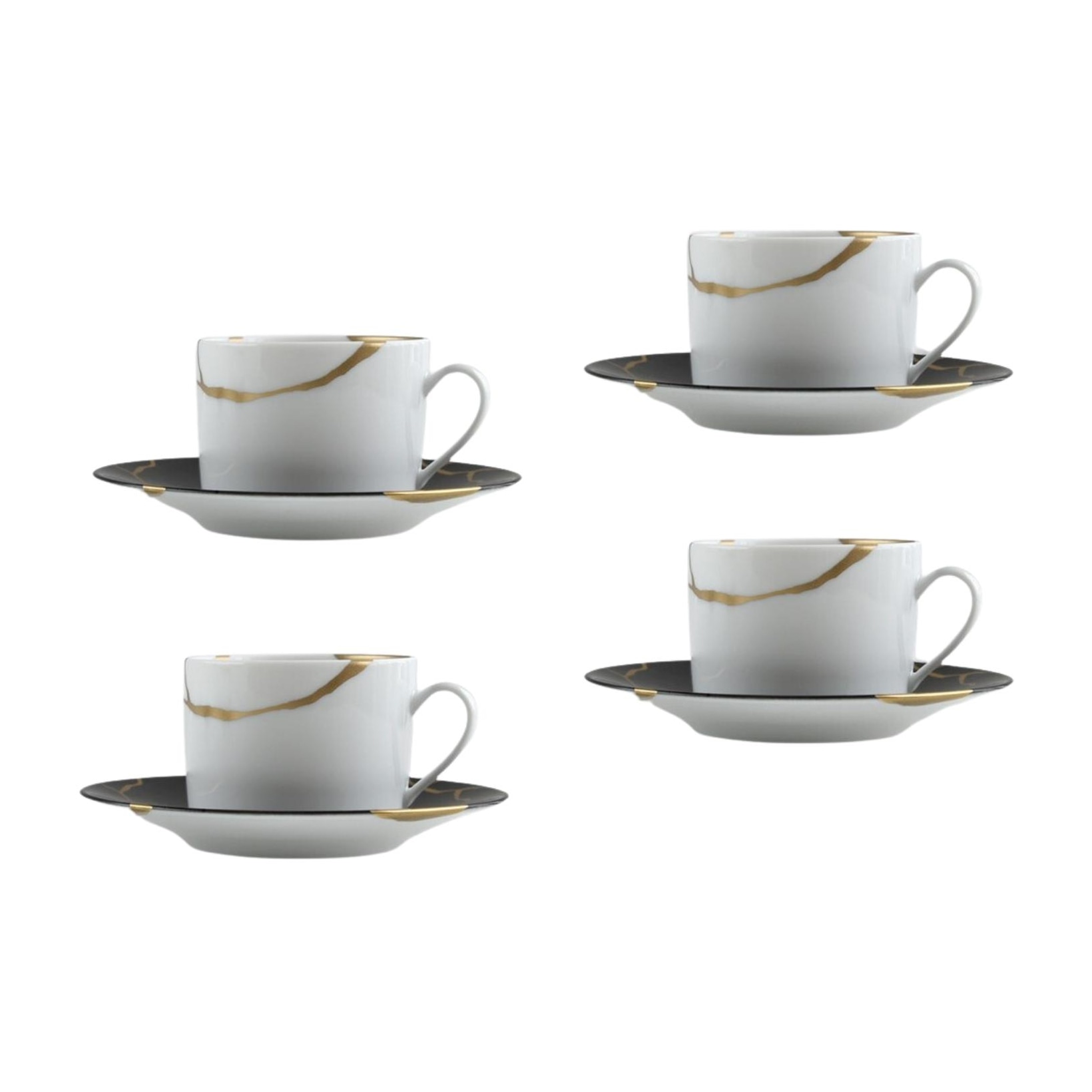 Bernardaud, Kintsugi, Charbon set of 4 tea cups and saucers