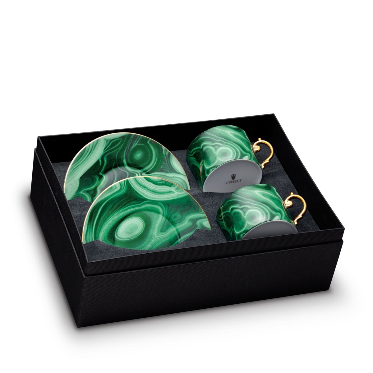 L'Objet, Malachite, Gift box of 2 tea cups and saucers