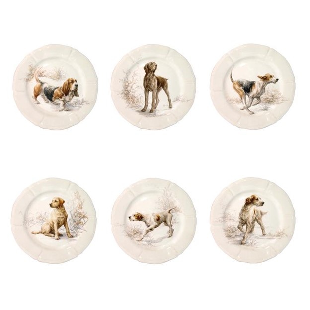 Gien, Sologne, Dessert plates assorted Dogs, set of 6