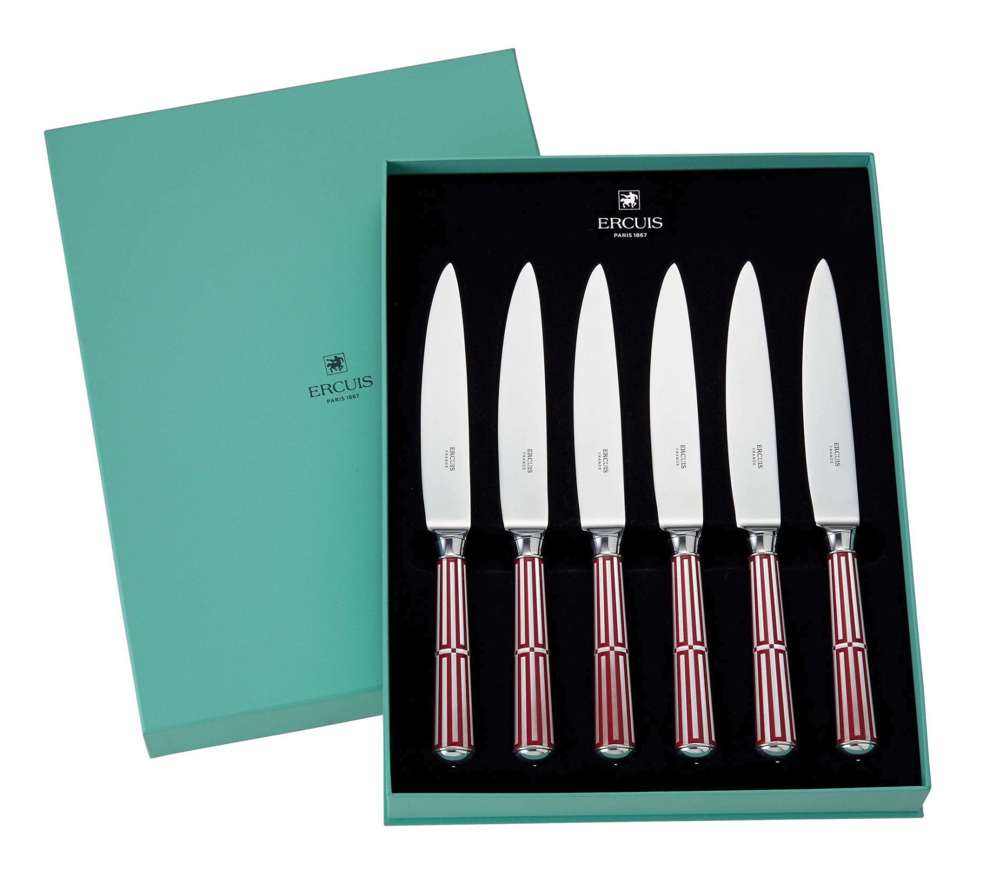 Ercuis, Arts decoratifs paquebot mahogany, 6 dinner knifes set in a giftbox