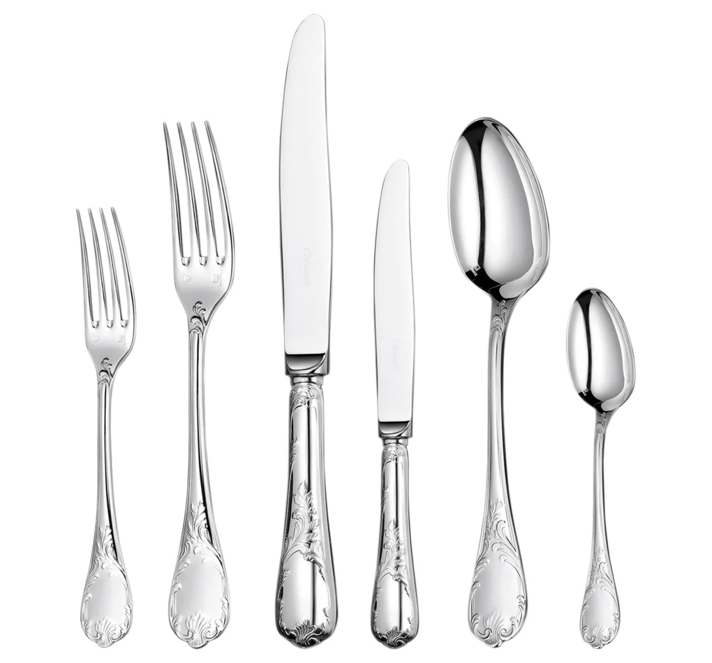 Christofle, Malmaison cutlery, silver plated, Set for 12 people (75 pieces) with Ambassadeur Chest