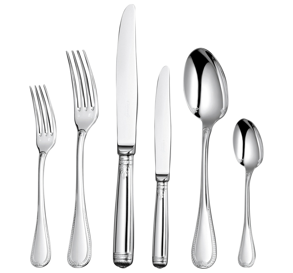 Christofle, Malmaison cutlery, silver plated, Set for 12 people (110 pieces) with Imperial Chest
