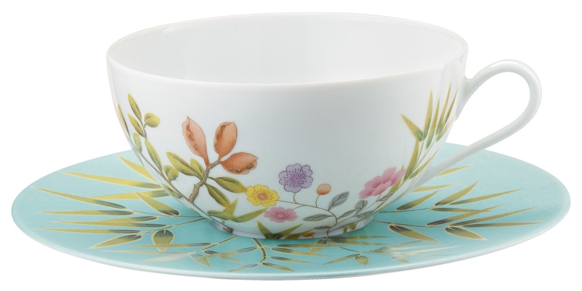 Raynaud, Paradis, Tea cup white background and saucer turquoise background